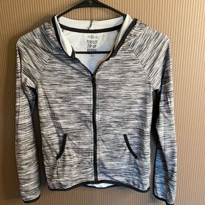 So zip up hooded jacket size 7/8 black/white/gray